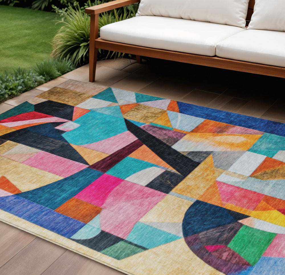 HomeRoots 9' Abstract Area Rug in Vibrant Blue, Orange, Pink & Yellow - Washable for Indoor/Outdoor Use! 619973