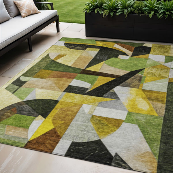 HomeRoots 5' X 8' Washable Abstract Area Rug in Green, Black, Gold & Beige for Indoor & Outdoor Use 619976
