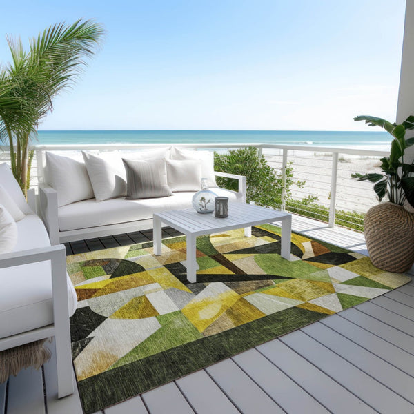 HomeRoots 5' X 8' Washable Abstract Area Rug in Green, Black, Gold & Beige for Indoor & Outdoor Use 619976