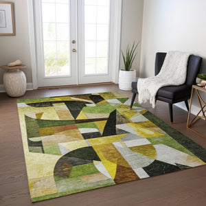 HomeRoots 5' X 8' Washable Abstract Area Rug in Green, Black, Gold & Beige for Indoor & Outdoor Use 619976