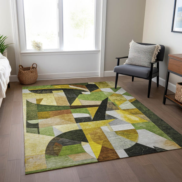 HomeRoots 5' X 8' Washable Abstract Area Rug in Green, Black, Gold & Beige for Indoor & Outdoor Use 619976