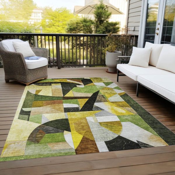 HomeRoots 5' X 8' Washable Abstract Area Rug in Green, Black, Gold & Beige for Indoor & Outdoor Use 619976
