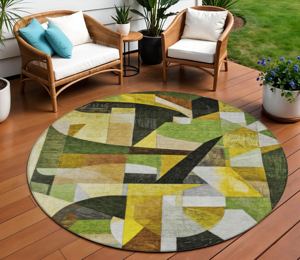 HomeRoots 8' Round Abstract Area Rug - Stylish Green, Black, Gold & Beige Washable Design for Indoor/Outdoor Use 619977