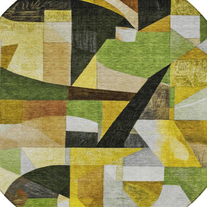 HomeRoots 8' Round Abstract Area Rug - Stylish Green, Black, Gold & Beige Washable Design for Indoor/Outdoor Use 619977