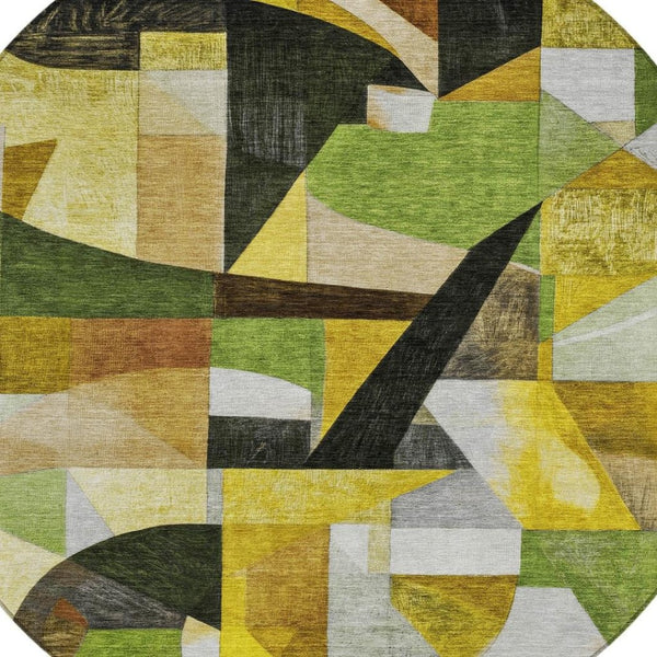 HomeRoots 8' Round Abstract Area Rug - Stylish Green, Black, Gold & Beige Washable Design for Indoor/Outdoor Use 619977