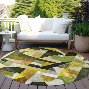 HomeRoots 8' Round Abstract Area Rug - Stylish Green, Black, Gold & Beige Washable Design for Indoor/Outdoor Use 619977