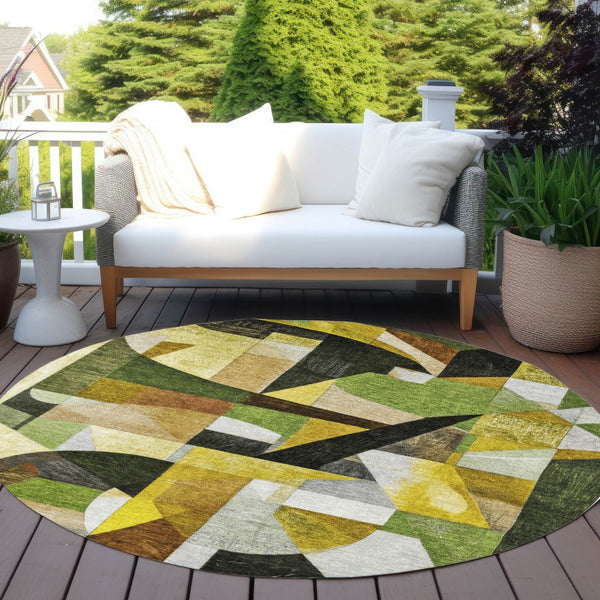 HomeRoots 8' Round Abstract Area Rug - Stylish Green, Black, Gold & Beige Washable Design for Indoor/Outdoor Use 619977