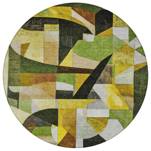 HomeRoots 8' Round Abstract Area Rug - Stylish Green, Black, Gold & Beige Washable Design for Indoor/Outdoor Use 619977