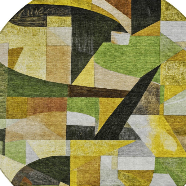 HomeRoots 8' Round Abstract Area Rug - Stylish Green, Black, Gold & Beige Washable Design for Indoor/Outdoor Use 619977