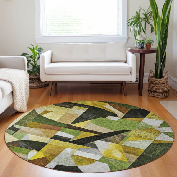 HomeRoots 8' Round Abstract Area Rug - Stylish Green, Black, Gold & Beige Washable Design for Indoor/Outdoor Use 619977