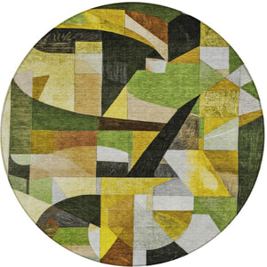 HomeRoots 8' Round Abstract Area Rug - Stylish Green, Black, Gold & Beige Washable Design for Indoor/Outdoor Use 619977