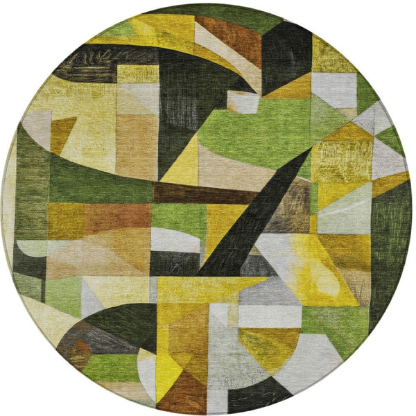 HomeRoots 8' Round Abstract Area Rug - Stylish Green, Black, Gold & Beige Washable Design for Indoor/Outdoor Use 619977