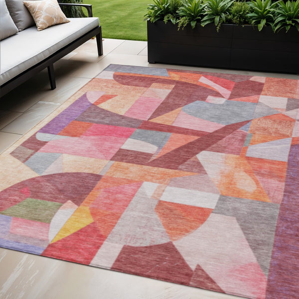 HomeRoots 5' Stylish Rust Pink, Ivory & Purple Abstract Washable Area Rug for Indoor/Outdoor Living Spaces 619982