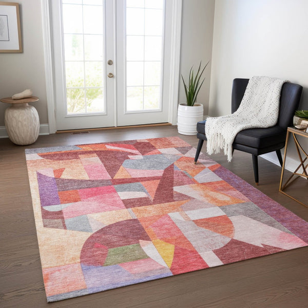 HomeRoots 5' Stylish Rust Pink, Ivory & Purple Abstract Washable Area Rug for Indoor/Outdoor Living Spaces 619982