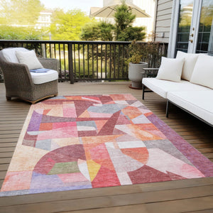 HomeRoots 5' Stylish Rust Pink, Ivory & Purple Abstract Washable Area Rug for Indoor/Outdoor Living Spaces 619982