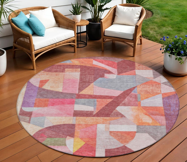 HomeRoots 8' Round Abstract Area Rug in Rust Pink, Ivory & Purple - Washable, Durable for Indoor & Outdoor Use 619983