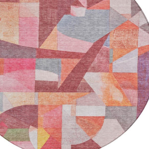 HomeRoots 8' Round Abstract Area Rug in Rust Pink, Ivory & Purple - Washable, Durable for Indoor & Outdoor Use 619983
