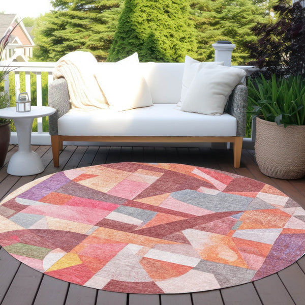 HomeRoots 8' Round Abstract Area Rug in Rust Pink, Ivory & Purple - Washable, Durable for Indoor & Outdoor Use 619983