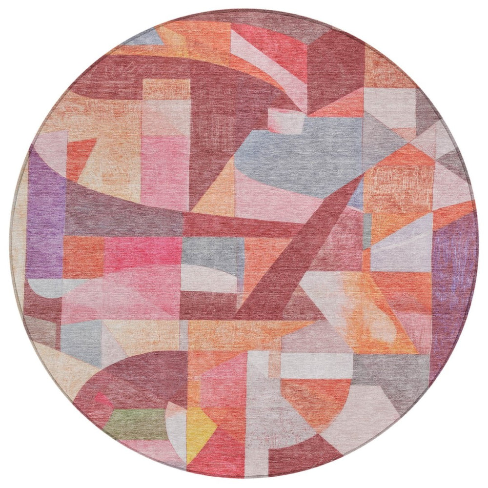 HomeRoots 8' Round Abstract Area Rug in Rust Pink, Ivory & Purple - Washable, Durable for Indoor & Outdoor Use 619983