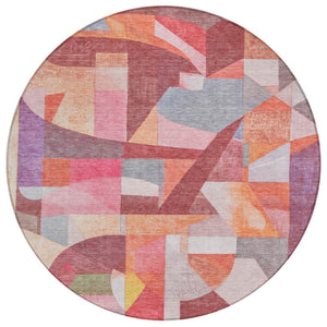 HomeRoots 8' Round Abstract Area Rug in Rust Pink, Ivory & Purple - Washable, Durable for Indoor & Outdoor Use 619983