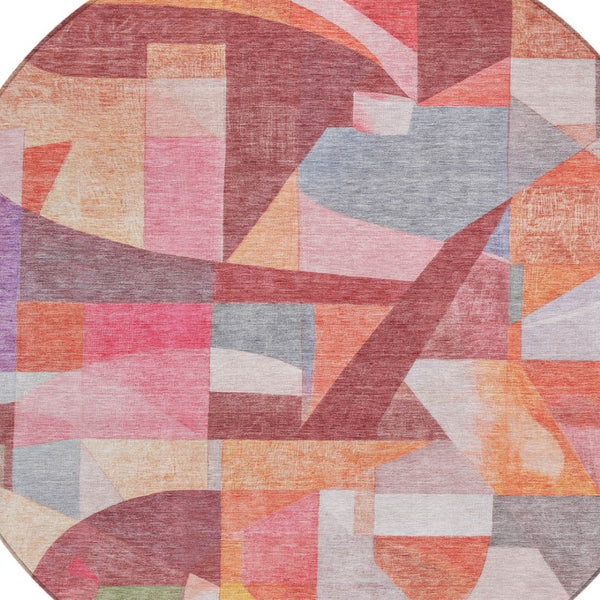 HomeRoots 8' Round Abstract Area Rug in Rust Pink, Ivory & Purple - Washable, Durable for Indoor & Outdoor Use 619983