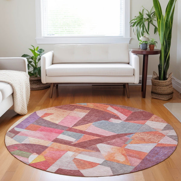 HomeRoots 8' Round Abstract Area Rug in Rust Pink, Ivory & Purple - Washable, Durable for Indoor & Outdoor Use 619983