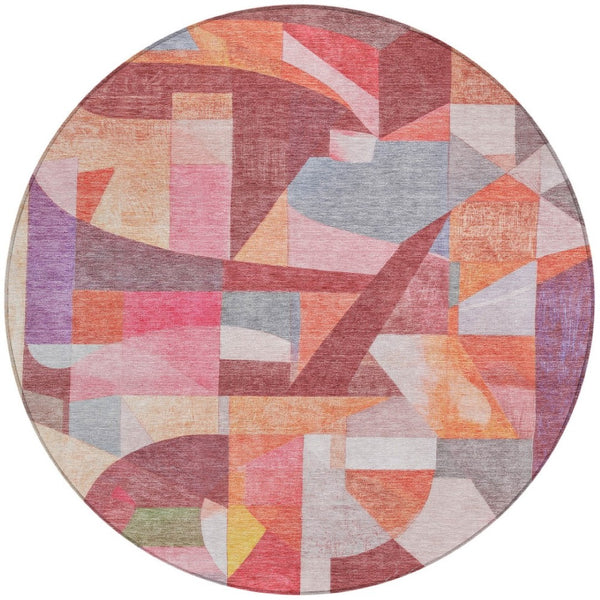 HomeRoots 8' Round Abstract Area Rug in Rust Pink, Ivory & Purple - Washable, Durable for Indoor & Outdoor Use 619983