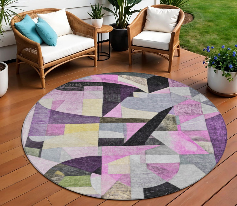 HomeRoots 8' Round Abstract Area Rug in Purple, Black & Lavender - Washable, Durable & Stylish for Indoors/Outdoors 619989