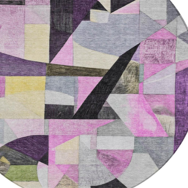 HomeRoots 8' Round Abstract Area Rug in Purple, Black & Lavender - Washable, Durable & Stylish for Indoors/Outdoors 619989