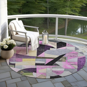 HomeRoots 8' Round Abstract Area Rug in Purple, Black & Lavender - Washable, Durable & Stylish for Indoors/Outdoors 619989