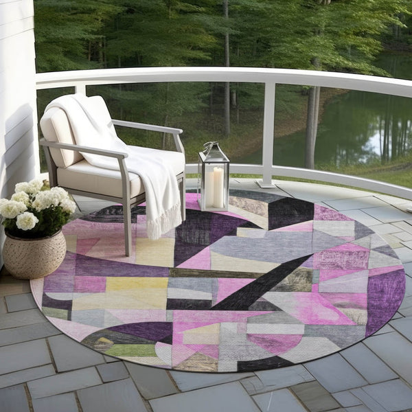 HomeRoots 8' Round Abstract Area Rug in Purple, Black & Lavender - Washable, Durable & Stylish for Indoors/Outdoors 619989