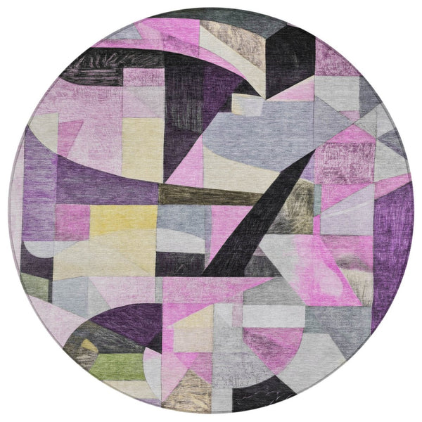HomeRoots 8' Round Abstract Area Rug in Purple, Black & Lavender - Washable, Durable & Stylish for Indoors/Outdoors 619989