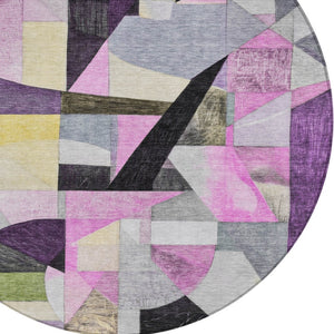 HomeRoots 8' Round Abstract Area Rug in Purple, Black & Lavender - Washable, Durable & Stylish for Indoors/Outdoors 619989