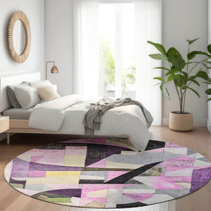 HomeRoots 8' Round Abstract Area Rug in Purple, Black & Lavender - Washable, Durable & Stylish for Indoors/Outdoors 619989