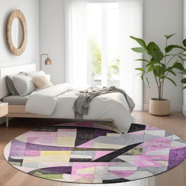 HomeRoots 8' Round Abstract Area Rug in Purple, Black & Lavender - Washable, Durable & Stylish for Indoors/Outdoors 619989