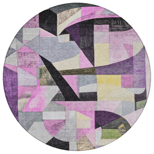 HomeRoots 8' Round Abstract Area Rug in Purple, Black & Lavender - Washable, Durable & Stylish for Indoors/Outdoors 619989