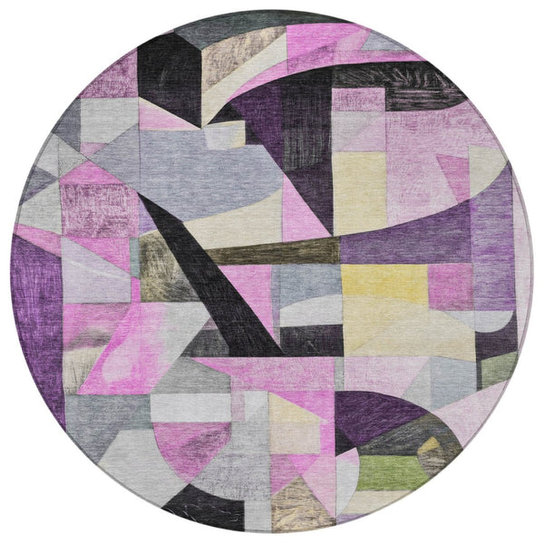 HomeRoots 8' Round Abstract Area Rug in Purple, Black & Lavender - Washable, Durable & Stylish for Indoors/Outdoors 619989