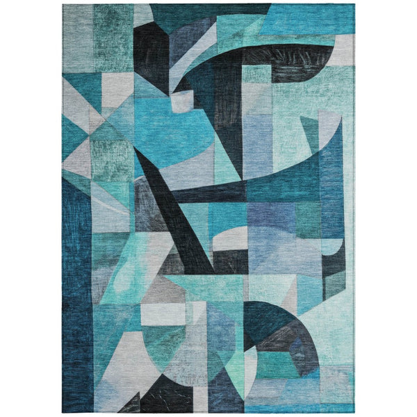 HomeRoots 5' X 8' Coastal Teal Abstract Washable Area Rug - Durable, Stylish, Indoor/Outdoor for High-Traffic Use 619994