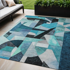 HomeRoots 5' X 8' Coastal Teal Abstract Washable Area Rug - Durable, Stylish, Indoor/Outdoor for High-Traffic Use 619994