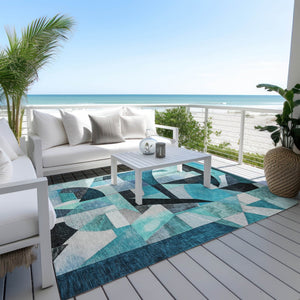 HomeRoots 5' X 8' Coastal Teal Abstract Washable Area Rug - Durable, Stylish, Indoor/Outdoor for High-Traffic Use 619994