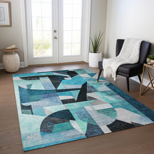 HomeRoots 5' X 8' Coastal Teal Abstract Washable Area Rug - Durable, Stylish, Indoor/Outdoor for High-Traffic Use 619994