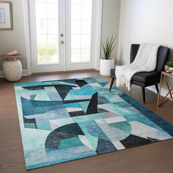 HomeRoots 5' X 8' Coastal Teal Abstract Washable Area Rug - Durable, Stylish, Indoor/Outdoor for High-Traffic Use 619994