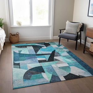 HomeRoots 5' X 8' Coastal Teal Abstract Washable Area Rug - Durable, Stylish, Indoor/Outdoor for High-Traffic Use 619994