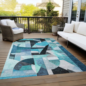 HomeRoots 5' X 8' Coastal Teal Abstract Washable Area Rug - Durable, Stylish, Indoor/Outdoor for High-Traffic Use 619994