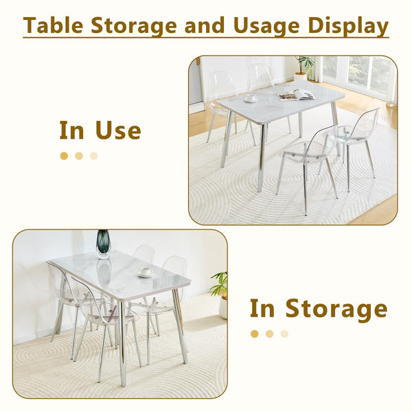 English Elm Table and Chair Set Marble Glass Top Six Ghost Seats Silver Legs Modern Dining W1151S04644