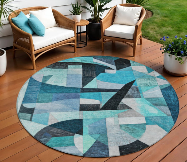 HomeRoots 8' Teal Blue Round Abstract Area Rug - Washable, Durable, Indoor/Outdoor Comfort for Modern Spaces 619995