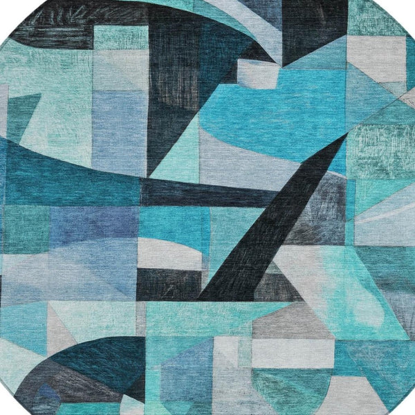 HomeRoots 8' Teal Blue Round Abstract Area Rug - Washable, Durable, Indoor/Outdoor Comfort for Modern Spaces 619995