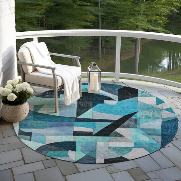 HomeRoots 8' Teal Blue Round Abstract Area Rug - Washable, Durable, Indoor/Outdoor Comfort for Modern Spaces 619995