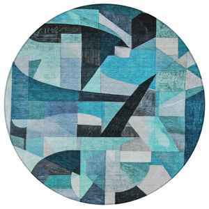 HomeRoots 8' Teal Blue Round Abstract Area Rug - Washable, Durable, Indoor/Outdoor Comfort for Modern Spaces 619995