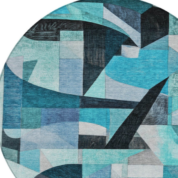HomeRoots 8' Teal Blue Round Abstract Area Rug - Washable, Durable, Indoor/Outdoor Comfort for Modern Spaces 619995